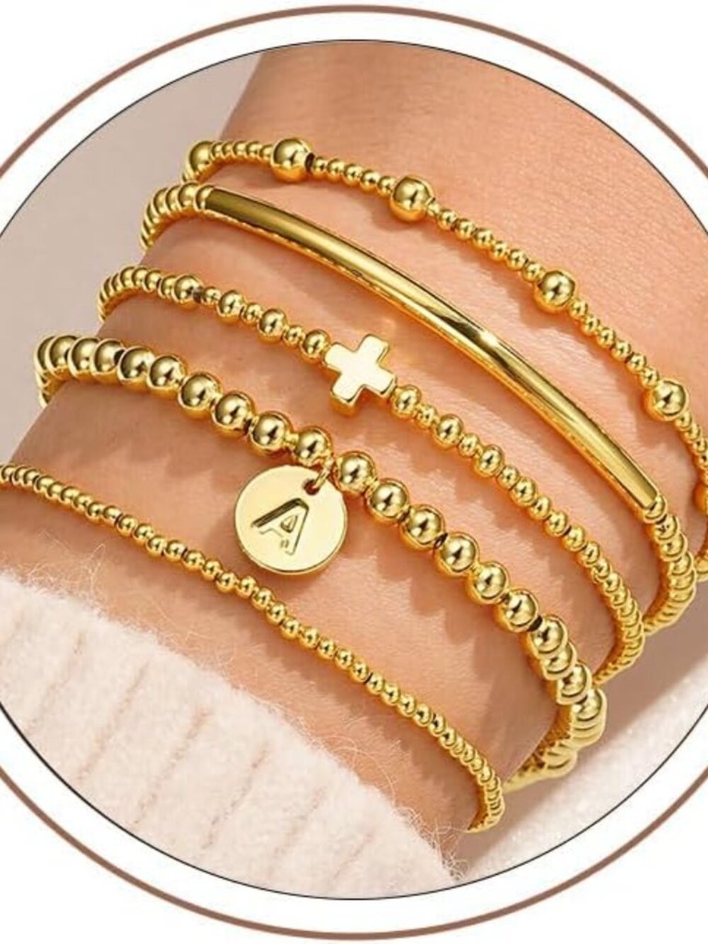Trendy Gold Cross Bead Bracelet Set - Dainty Elastic Bangles for Women & Teens